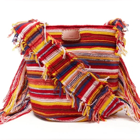 CHLOÉ Jorge Small Striped Recycled-Cashmere Bucket Bag - Picture 1 of 6